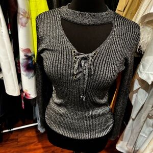 Gray Ribbed Knit Sweater with Lace-Up Detail